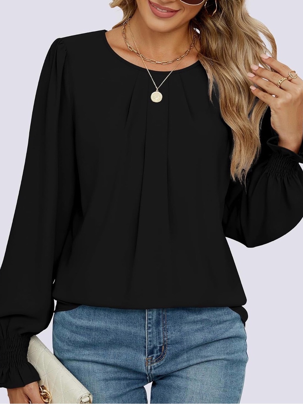 NWT Black Pleated Long-Sleeve Blouse with Smocked Cuffs-xl